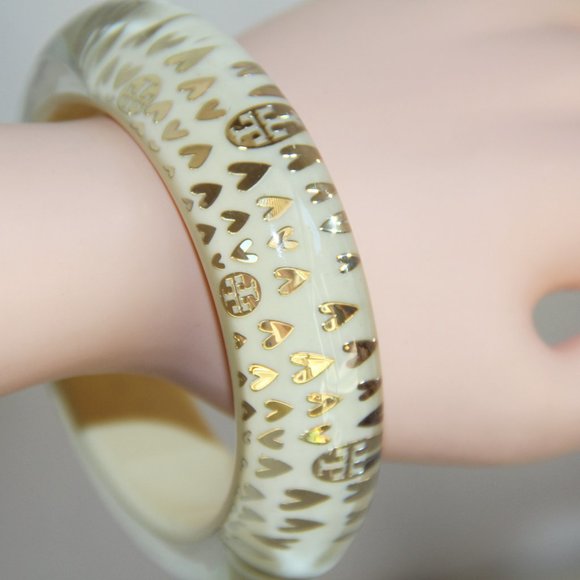 Tory Burch Clear, Ivory Lucite Gold Heart Bangle - Picture 3 of 12